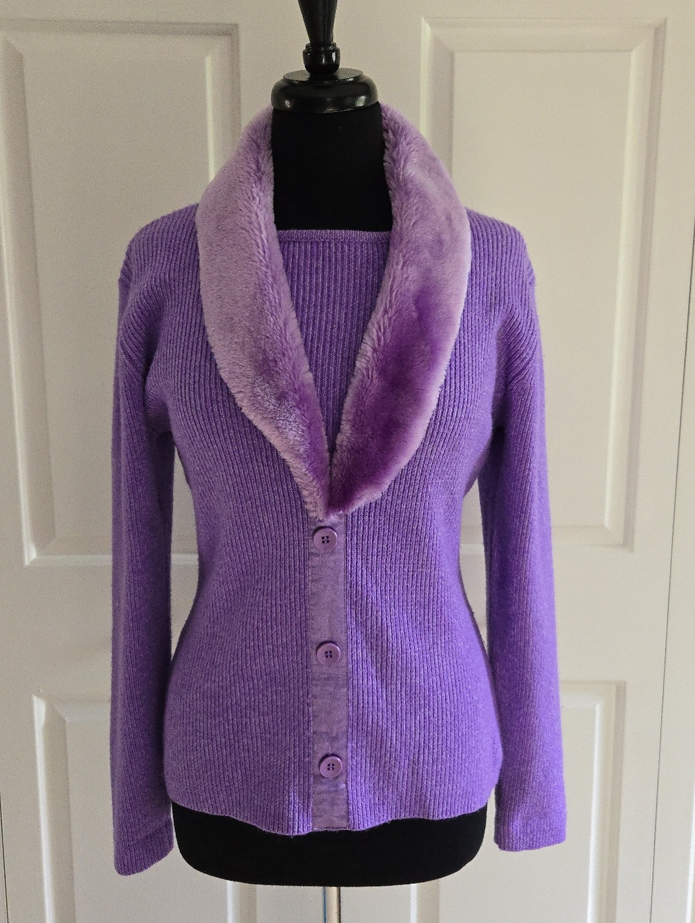 Vintage Purple Cashmere-Wool Blend Sweater Faux Fur Collar